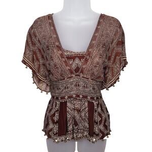 Vintage Y2K Plenty Tracy Reese Silk Babydoll Top 4 Small Fairy Grunge Boho Brown